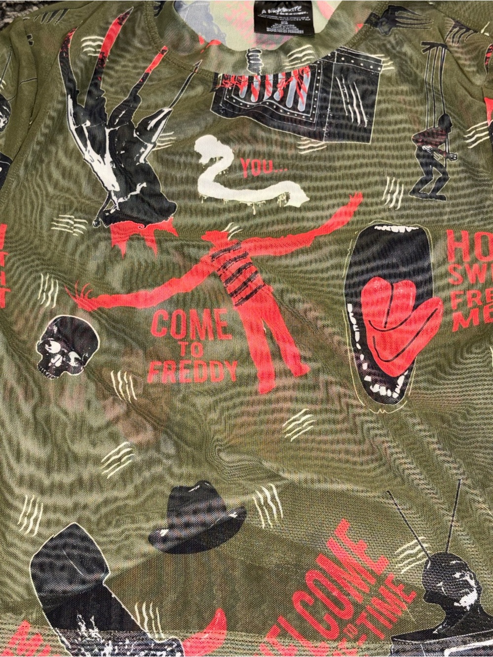 Women’s Olive Nightmare on Elm Street Mesh Sheer Long Sleeve Top Freddy Krueger - Picture 3 of 4